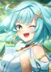  1girl ;d absurdres aqua_hair bare_shoulders breasts clothing_cutout colored_eyelashes commentary faruzan_(genshin_impact) genshin_impact green_eyes highres long_hair looking_at_viewer one_eye_closed open_mouth shoulder_cutout small_breasts smile solo twintails upper_body wakame1441 