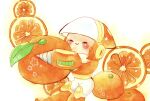  chibi closed_eyes crash_man drill_hand food fruit helmet highres lala_(suisai_fantasy) mega_man_(series) orange_(fruit) orange_slice robot smile solo white_background 