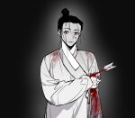  1boy a-junk arrow_(projectile) bandages black_hair blood blood_on_clothes blood_on_face chinese_clothes closed_mouth grey_background hair_bun hair_pulled_back hanfu highres holding injury jiaoling_ruqun long_sleeves looking_at_viewer male_focus original red_eyes simple_background single_hair_bun solo topknot wide_sleeves 