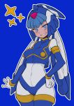  1girl absurdres android armor blue_armor blue_background blue_eyes blue_helmet blue_sleeves blue_vest blush bodysuit boots breasts buzzlyears covered_navel cowboy_shot crop_top crotch_plate detached_sleeves fairy_leviathan_(mega_man) forehead_jewel hand_on_own_hip helmet highres looking_at_viewer medium_breasts mega_man_(series) mega_man_zero_(series) sharp_teeth simple_background smile solo star_(symbol) teeth thigh_boots vest white_bodysuit 