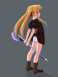  ass bardiche_(nanoha) black_dress blonde_hair closed_mouth clothes_lift dress fate_testarossa full_body grey_background hair_ribbon hajime00000001 highres holding holding_weapon long_hair looking_at_viewer looking_to_the_side lyrical_nanoha mahou_shoujo_lyrical_nanoha mahou_shoujo_lyrical_nanoha_a&#039;s miniskirt panties red_eyes ribbon simple_background skirt skirt_lift smile underwear weapon white_panties 
