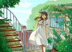  bad_id bad_pixiv_id brown_hair bucket cloud daishou day dress hat long_hair original plant railing sky solo stairs sun_hat sundress vines 