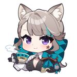  1girl admiralkeyes animal_ear_fluff animal_ears aqua_bow black_gloves blunt_bangs blush bow breasts cat_ears chibi cleavage commentary_request cup facial_mark genshin_impact gloves grey_hair highres holding holding_cup long_hair long_sleeves looking_at_viewer lynette_(genshin_impact) purple_eyes simple_background smile solo star_(symbol) upper_body white_background 
