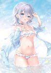  1girl amedamacon bikini black_choker blue_eyes blush breasts choker frilled_bikini frills grey_hair highres jacket large_breasts looking_at_viewer medium_hair navel off_shoulder open_clothes open_jacket original partially_submerged smile solo swimsuit thighs underboob 