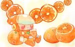  1boy black_eyes blush chibi crash_man cup drill_hand drinking drinking_straw food fruit highres lala_(suisai_fantasy) mega_man_(classic) mega_man_(series) mega_man_2 orange_(fruit) orange_slice robot sitting solo 