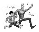  2boys afro dark-skinned_male dark_skin hand_up height_difference highres jacket jungyun99 korean_text marvel miles_morales multiple_boys pointing ripeter_(spiderverse) running shorts smile spider-man:_into_the_spider-verse spider-man_(series) spider-verse sweater_vest 