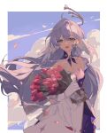  1girl aqua_eyes bare_shoulders border bouquet bracelet cloud cloudy_sky detached_sleeves dress earrings facial_mark floating_hair gloves hair_between_eyes halo head_wings highres holding holding_bouquet honkai:_star_rail honkai_(series) jewelry long_hair looking_at_viewer open_mouth purple_dress purple_hair robin_(honkai:_star_rail) sky smile solo touming_shuimu_yi_hao two-tone_dress white_border white_dress white_gloves white_wings wings 