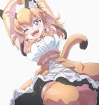  1girl ;d absurdres animal_ears arms_up belt blue_eyes bow bowtie caracal_(kemono_friends) cat_ears cat_girl cat_tail elbow_gloves extra_ears gloves highres kemono_friends kemono_friends_v_project long_hair looking_at_viewer lowlandgorilla one_eye_closed open_mouth orange_hair shirt simple_background skirt sleeveless sleeveless_shirt smile solo tail teeth thighhighs tongue upper_teeth_only virtual_youtuber 