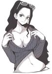  1girl aosora2823 blush breasts cleavage closed_mouth collarbone eyewear_on_head greyscale hands_up high_ponytail highres large_breasts long_hair long_sleeves monochrome navel nico_robin no_pants one_piece ribbed_sweater scoop_neck simple_background skindentation smile solo stomach sunglasses sweater upper_body very_long_hair white_background 
