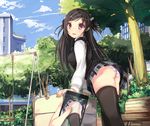  ass bad_id bad_pixiv_id bench black_hair blue_sky blush building cellphone cellphone_picture cloud day drinking_fountain embarrassed hair_bobbles hair_ornament hair_ribbon icywood long_hair looking_at_viewer original panties park parted_lips phone pleated_skirt ribbon school_uniform skirt sky smartphone solo_focus sparkle striped striped_panties sweater_vest swing thighhighs tree two_side_up underwear 