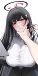  1girl absurdres black_hair black_halo blue_archive bright_pupils erbium hair_ornament hairpin halo highres pov pov_hands red_eyes rio_(blue_archive) saliva strangling sweater tears turtleneck turtleneck_sweater white_pupils white_sweater 