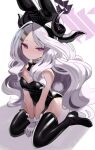  1girl alternate_costume animal_ears bare_shoulders black_halo black_horns black_leotard black_thighhighs blue_archive breasts cleavage fake_animal_ears falken_(yutozin) halo highres hina_(blue_archive) horns leotard looking_at_viewer playboy_bunny rabbit_ears sitting small_breasts solo thighhighs 