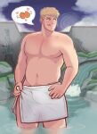  1boy absurdres bara belly blonde_hair dungeon_meshi highres hungry laios_touden large_pectorals looking_to_the_side male_focus muscular muscular_male navel nipples onsen osh_(mochiiros) pectorals plump short_hair solo sparse_navel_hair standing thick_eyebrows topless_male towel_around_waist wading 