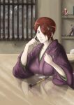  1girl absurdres artist_name breasts gintama green_eyes highres japanese_clothes kimono kiseru large_breasts otterpeppis purple_kimono recycle-shop_proprietress red_hair shop smoking_pipe solo 