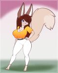  2024 amelia_(scorpdk) anthro barefoot big_breasts blue_eyes bottomwear breasts brown_hair canid canine chest_tuft clothing dipstick_tail eyebrow_through_hair eyebrows feet female fennec_fox fox fur hair hand_on_hip hi_res inner_ear_fluff mammal markings pants scorpdk solo standing tail tail_markings tan_body tan_fur thick_thighs translucent translucent_hair true_fox tuft 