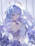  1girl bare_shoulders blue_hair covered_mouth detached_collar detached_sleeves dress elbow_gloves feathered_wings flower from_side gloves green_eyes halo hand_up head_wings highres holding holding_flower honkai:_star_rail honkai_(series) long_hair longyoushuangruozhui looking_at_viewer marking_on_cheek purple_flower purple_sleeves robin_(honkai:_star_rail) solo upper_body white_dress white_gloves wings 