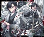  1boy bad_id bad_twitter_id black_border black_hair black_kimono blood blood_on_clothes blood_splatter border chair commission crossed_legs earrings flower grey_eyes hair_between_eyes hakama hand_on_own_chin hand_up haori highres inactive_account japanese_clothes jewelry kimono long_sleeves looking_at_viewer male_focus meremero multiple_views on_chair open_mouth original rocking_chair rose short_hair sitting smile white_flower white_rose wide_sleeves 