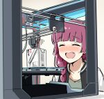  1girl 3d_printer :d alcohol_carton blush bocchi_the_rock! braid closed_eyes fang hiroi_kikuri purple_hair smile solo torako_(toramaru) 