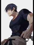  1boy :q bara black_hair black_shirt cowboy_shot fighting_stance from_side fushiguro_touji jujutsu_kaisen large_pectorals male_focus mature_male muscular muscular_male pants pectorals profile ready_to_draw rokuro_yusa scar scar_on_face scar_on_mouth shirt short_hair simple_background smile solo standing tight_clothes tight_shirt tongue tongue_out tsurime 