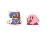  5health animal_ears belt belt_buckle belt_collar blue_belt blue_eyes blue_hood blush_stickers buckle cape closed_mouth collar colored_skin covered_mouth disembodied_hand ear_covers expressionless flat_color food_in_mouth food_request gear_print kirby kirby_(series) magolor no_humans pink_skin red_footwear scarf shadow shoes simple_background solid_oval_eyes white_background white_cape white_scarf yellow_eyes 