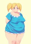  1girl absurdres alternate_body_size arms_behind_back blonde_hair blue_dress blue_eyes blush breasts bubbles_(ppg) cloudxmoe covered_navel covered_nipples cowboy_shot dress fat highres large_breasts long_hair parted_lips powerpuff_girls short_sleeves simple_background taut_clothes taut_dress thick_arms thick_thighs thighs twintails yellow_background 