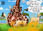  2023 ahadi_(squashedflat) artist_logo big_butt blossonflower butt butt_smother cloud english_text fart fart_cloud fart_fetish farting_on_another felid feral giraffe giraffid grass group hi_res hyena lion logo mammal outside pantherine plant quadruped sefira_(squashedflat) size_difference sky smothering sound_effects spotted_hyena standing text trio water 