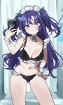  1girl alternate_costume bare_arms bare_legs bare_shoulders bikini black_bikini blue_archive blush breasts cellphone cleavage closed_mouth cowboy_shot enmaided highres holding holding_phone large_breasts long_hair looking_at_viewer maid maid_bikini maid_headdress misekiss phone purple_eyes purple_hair smartphone solo swimsuit two_side_up unconventional_maid wrist_cuffs yuuka_(blue_archive) 