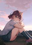  1girl blue_eyes blush brown_hair cloud commentary_request grass highres looking_at_viewer oono_kanae original outdoors shirt shoes short_hair short_sleeves sitting skirt sky sneakers socks solo twilight v wind 