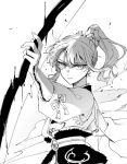  1girl armor bow_(weapon) fate/grand_order fate/samurai_remnant fate_(series) firing_at_viewer greyscale hair_ornament hair_stick high_ponytail holding holding_bow_(weapon) holding_weapon japanese_armor japanese_clothes kote lone_nape_hair long_sleeves mo_(aabx315) monochrome puffy_sleeves short_hair smoke solo upper_body weapon yui_shousetsu_(fate) 
