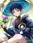  1boy artist_name black_hair black_shirt black_shorts blue_cape blue_hat blue_ribbon blue_sash blunt_ends blurry blurry_background bridal_gauntlets cape choppy_bangs commentary_request covered_collarbone eyeshadow feet_out_of_frame flower genshin_impact gold_trim hair_between_eyes hand_up hat hat_ribbon highres holding holding_flower jacket jingasa light_rays looking_at_viewer makeup male_focus okkobc open_clothes open_jacket parted_lips pom_pom_(clothes) purple_eyes purple_flower red_eyeshadow ribbon rope sash scaramouche_(genshin_impact) shirt short_hair short_sleeves shorts sitting sleeveless sleeveless_shirt solo sumeru_rose_(genshin_impact) sunlight tree vision_(genshin_impact) wanderer_(genshin_impact) watermark white_jacket 