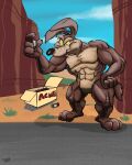  3_toes 4_fingers abs abstract_background absurd_res anthro arm_tuft belly biceps big_arms big_hands big_legs big_pecs biped black_eyes black_nose blue_sky box brown_body brown_fur calf_tuft canid canine canis canyon cardboard cardboard_box claws cloud cloudy_sky colored confusion container countershade_torso countershading coyote desert detailed digital_drawing_(artwork) digital_media_(artwork) digital_painting_(artwork) drugs eyebrows featureless_crotch feet finger_claws fingers fist_on_own_hip fur glare glaring growth growth_pills hi_res holding_pill_bottle humanoid_hands leg_muscles leg_tuft logo looney_tunes male mammal moobs muscle_growth muscular muscular_anthro muscular_arms muscular_legs muscular_male navel nude open_box outside packing_peanuts paws pecs pill_bottle pills pinup plantigrade pose raised_eyebrow redraw ribs road shaded shadow shoulder_tuft sketch sky skyscape solo standing stevethedragon tan_belly tan_body tan_eyebrows tan_fur thick_arms thick_calves thick_thighs toe_claws toes tuft vein veiny_muscles warner_brothers wile_e._coyote yellow_sclera 