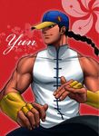  bare_shoulders baseball_cap black_hair braid bridal_gauntlets chinese_clothes fighting_stance hat kazumichi long_hair male_focus muscle single_braid sleeveless solo street_fighter street_fighter_iii_(series) yun_lee 