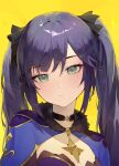  1girl absurdres alaskastomatoez black_choker black_hair brooch choker close-up closed_eyes genshin_impact green_eyes highres jewelry long_hair looking_at_viewer mona_(genshin_impact) portrait revision simple_background solo teeth twintails upper_teeth_only yellow_background 