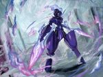  arm_blade armor aura blue_fire bright_pupils ceruledge city commentary_request fire flaming_eyes highres outdoors pink_fire pokemon pokemon_(creature) purple_eyes purple_fire w0ch1en weapon white_pupils 