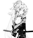  1girl blush breasts cleavage closed_mouth collarbone cowboy_shot earrings fate/grand_order fate/samurai_remnant fate_(series) gloves greyscale holding holding_sword holding_weapon japanese_clothes jewelry katana kishimen_hair long_hair looking_at_viewer mo_(aabx315) monochrome open_clothes partially_fingerless_gloves ponytail sheath sheathed sidelocks simple_background solo sword very_long_hair weapon yui_shousetsu_(fate) yui_shousetsu_(third_ascension)_(fate) 