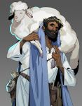  1boy absurdres beard black_hair brown_eyes carrying crown_of_thorns dark-skinned_male dark_skin facial_hair highres jesus lamb male_focus mustache parody sheep solo standing style_parody the_bible wolfythewitch 
