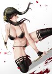  1girl ass_visible_through_thighs bikini black_bikini black_hair black_thighhighs blood breasts cleavage dagger earrings english_commentary gold_earrings gold_hairband hair_bun hairband halterneck highres holding holding_dagger holding_knife holding_weapon jewelry knife large_breasts long_hair looking_at_viewer navel on_one_knee open_mouth outstretched_leg patreon_username red_eyes ryuuneart sidelocks solo spy_x_family stiletto_(weapon) swimsuit thighhighs weapon white_background yor_briar 