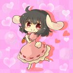  ahoge animal_ears barefoot black_hair bubble bunny_ears bunny_tail carrot checkered checkered_background chibi dress heart highres inaba_tewi iwari_(kerokeroboushi) jewelry looking_at_viewer pendant pink_dress puffy_short_sleeves puffy_sleeves red_eyes shadow short_hair short_sleeves solo tail touhou walking 