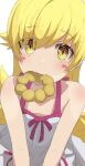  1girl absurdres bare_shoulders blonde_hair blush blush_stickers camui1104 doughnut dress flat_chest food food_in_mouth highres long_hair looking_at_viewer monogatari_(series) mouth_hold oshino_shinobu pointy_ears ribbon simple_background smile solo white_background white_dress yellow_eyes 