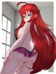  1girl :o ahoge ass blue_eyes breasts english_commentary high_school_dxd indoors jay156 large_breasts long_hair looking_at_viewer microskirt paid_reward_available pleated_skirt purple_skirt red_hair rias_gremory sideboob skirt solo very_long_hair 