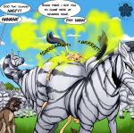  2023 ahadi_(squashedflat) artist_logo between_butts blossonflower bodily_fluids butt butt_crush cloud crying_laughing english_text equid equine fart fart_bukkake fart_cloud fart_fetish farting_on_another felid female feral gassy grass group hi_res hooves hyena laugh laughing_at lion logo mammal open_mouth outside pantherine paws plant quadruped question_mark sefira_(squashedflat) sky sound_effects speech_bubble spotted_hyena sweat sweaty_butt tears text zebra 