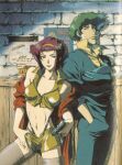  1boy 1girl breasts cigarette cowboy_bebop faye_valentine green_hair gun hand_in_pocket highres holding holding_gun holding_weapon kawamoto_toshihiro messy_hair navel official_art poster_(object) purple_hair scan shirt shorts smoking spike_spiegel weapon yellow_shirt yellow_shorts 