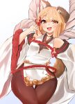  1girl absurdres animal_ears bare_shoulders blonde_hair breasts brown_eyes collarbone cowboy_shot dark_skin detached_sleeves dog_ears dog_girl dog_tail erune granblue_fantasy hair_ornament highres hip_vent nontraditional_miko open_mouth pantyhose paw_pose short_hair small_breasts smile solo tail tassel tassel_hair_ornament vajra_(granblue_fantasy) wide_hips wide_sleeves yukibi_shirube 