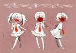  .flow 3girls blood blood_on_face blood_splatter collared_shirt colored_skin commentary eleanor_(ohmyeleanor) guro hand_up hands_up kaibutsu long_hair looking_at_viewer monster_girl multiple_girls necktie pleated_skirt red_background red_necktie shirt short_hair short_sleeves skirt standing teeth thighhighs twintails white_footwear white_shirt white_skin white_skirt white_thighhighs 