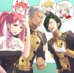  1girl 2boys ascot clenched_hand dedue_molinaro dimitri_alexandre_blaiddyd earrings edelgard_von_hresvelg fire_emblem fire_emblem:_three_houses garreg_mach_monastery_uniform gloves grey_hair hair_over_one_eye hand_up heart hilda_valentine_goneril hubert_von_vestra jewelry long_sleeves multiple_boys pink_hair playing_with_own_hair riou_(pooh920) short_hair simple_background sparkle spoken_character twintails white_ascot white_gloves 