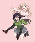  :d ;o black_hair black_legwear blonde_hair carrying green_eyes highres hood hoodie kawamura_reo kirisato_itsuki kneeling long_hair mary_janes multiple_girls one_eye_closed open_mouth piggyback pink_background pleated_skirt purple_eyes sawaguchi_mai shoes simple_background skirt smile socks sono_hanabira_ni_kuchizuke_wo thighhighs 