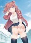  1girl blue_eyes blue_sky blush commentary_request day from_below highres jacket looking_at_viewer oono_kanae open_clothes open_jacket original outdoors panties pantyshot red_hair short_hair skirt sky smile socks solo underwear white_panties 