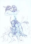  blindfold charr couple cradling digitigrade eye_contact feline female flat_chested guild_wars hair hand_holding horn jackrow lying male mammal nude on_back on_top outside penis reverse_cowgirl_position sex sitting sketch straight tree video_games 