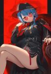  1girl absurdres armchair bare_legs belt black_belt black_coat black_hat black_shirt black_skirt breasts chair chinese_clothes coat coat_on_shoulders crossed_legs dragon earrings genjitsu_pirika hat highres hololive hoshimachi_suisei hoshimachi_suisei_(oriental_suit) jewelry low_side_ponytail official_alternate_costume parted_lips red-tinted_eyewear red_background red_eyes shirt sitting skirt solo sunglasses tassel thighs tinted_eyewear virtual_youtuber 