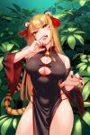  1girl animal_ears black_dress blonde_hair breasts china_dress chinese_clothes chinese_zodiac cleavage_cutout clothing_cutout commentary_request detached_sleeves dress facial_mark fang highres large_breasts long_hair nature oono_kanae open_mouth original outdoors plant red_eyes red_nails solo tail teeth tiger_ears tiger_girl tiger_tail year_of_the_tiger 